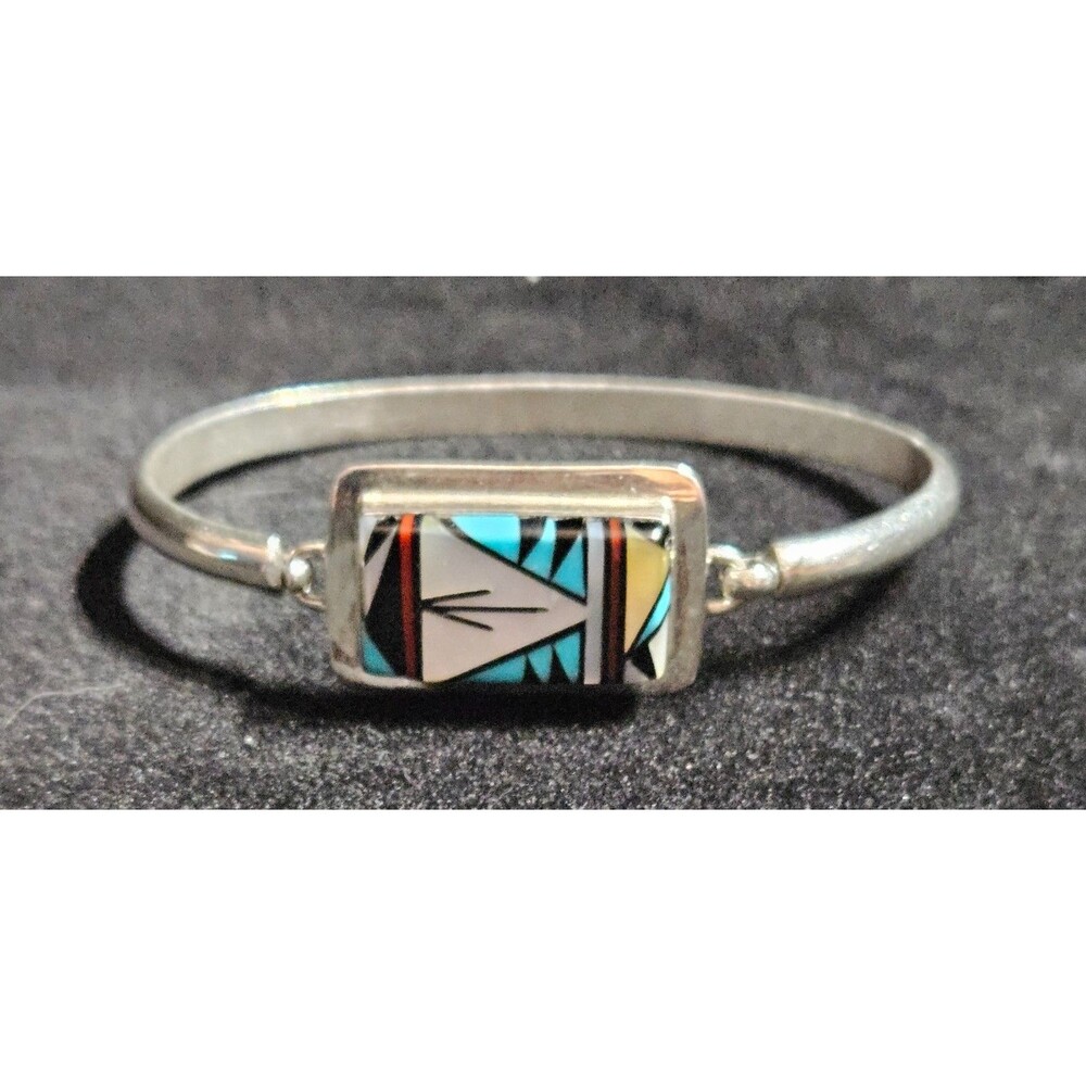 NATIVE AMERICAN ZUNI MADE T&J STAMPED INLAY STERLING SILVER BRACELET